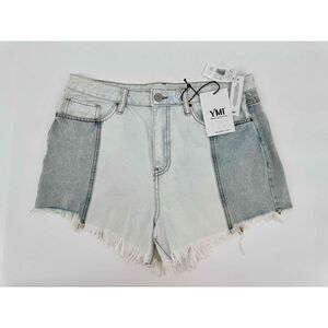 NWT YMI Color Block Two Tone Denim Shorts High Waisted Frayed Hem Festival 11 30